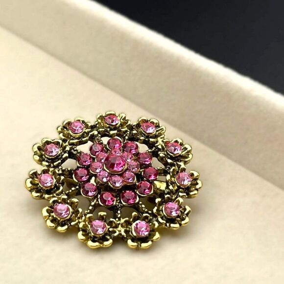 Yellow Gold with Light and Dark Pink Sapphire Crystal Flower Pin Back Brooch - Picture 5 of 7
